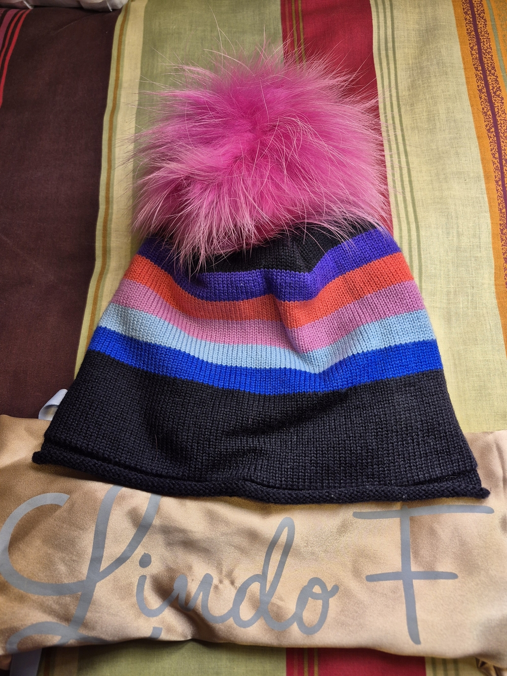 Li Do F Striped Black Knit Beanie with Pink Fur Pom